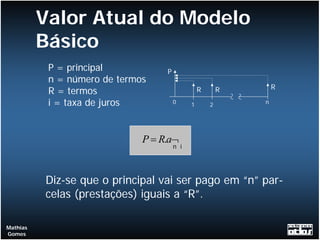 Valor Atual do Modelo
          Básico
           P = principal           P
           n = número de termos
                                                                 R
           R = termos                            R       R
           i = taxa de juros           0     1       2       n




                              P = R.a¬
                                       n i




          Diz-se que o principal vai ser pago em “n” par-
          celas (prestações) iguais a “R”.

Mathias
Gomes
 
