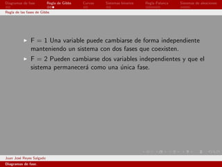 Diagramas de fase         Regla de Gibbs   Curvas   Sistemas binarios   Regla Palanca   Sistemas de aleaciones

Regla de las fases de Gibbs




               F = 1 Una variable puede cambiarse de forma independiente
               manteniendo un sistema con dos fases que coexisten.
               F = 2 Pueden cambiarse dos variables independientes y que el
               sistema permanecer´ como una unica fase.
                                 a          ´




Juan Jos´ Reyes Salgado
        e
Diagramas de fase.
 