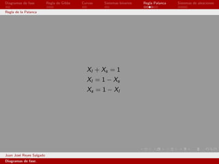 Diagramas de fase         Regla de Gibbs   Curvas   Sistemas binarios   Regla Palanca   Sistemas de aleaciones

Regla de la Palanca




                                             Xl + Xs = 1
                                             Xl = 1 − Xs
                                             Xs = 1 − Xl




Juan Jos´ Reyes Salgado
        e
Diagramas de fase.
 
