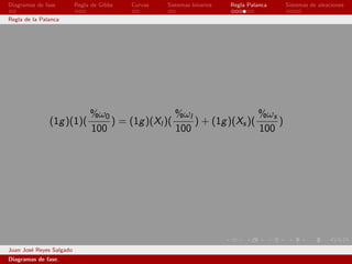 Diagramas de fase         Regla de Gibbs   Curvas   Sistemas binarios   Regla Palanca   Sistemas de aleaciones

Regla de la Palanca




                               %ω0                 %ωl                 %ωs
               (1g )(1)(           ) = (1g )(Xl )(     ) + (1g )(Xs )(     )
                               100                 100                 100




Juan Jos´ Reyes Salgado
        e
Diagramas de fase.
 
