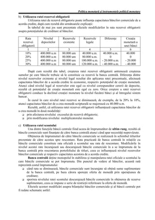 Politica monetară şi instrumentele politicii monetare
b) Utilizarea ratei rezervei obligatorii
       Utilizarea ratei de rezervă obligatorie poate influenţa capacitatea băncilor comerciale de a
acorda credite, după cum rezultă din următoarele explicaţii:
       În tabelul de mai jos sunt prezentate efectele modificărilor în rata rezervei obligatorii
asupra potenţialului de creditare al băncilor.

     Rata            Nivelul         Rezervele        Rezervele         Diferenţe         Creaţia
   rezervei        depozitelor       existente         legale                           monetară a
  obligatorii                                                                           unei bănci
       1               2                3                 4                 5                6
     10%          400.000 u.m       80.000 um        40.000 u.m.       40.000 u.m.        40.000
     20%          400.000 u.m       80.000 um        80.000 u.m.            0                0
     25%          400.000 u.m       80.000 um       100.000 u.m.      - 20.000 u.m.      - 20.000
     30%          400.000 u.m       80.000 um       120.000 u.m.      - 40.000 u.m.      - 40.000

        După cum rezultă din tabel, creşterea ratei rezervei obligatorii antrenează creşterea
sumelor pe care băncile trebuie să le constituie ca rezervă la banca centrală. Diferenţa dintre
nivelul rezervelor existente şi nivelul legal rezultat din aplicarea ratei procentuale, afectează
capacitatea băncilor de a acorda credite în economie, respectiv potenţialul de creaţie monetară.
Atunci când nivelul legal al rezervelor este egal cu nivelul corespunzător cererii de depozite,
rezultă că potenţialul de creaţie monetară este egal cu zero. Orice creştere a ratei rezervei
obligatorii conduce la declinul creaţiei monetare la nivelul fiecărei bănci şi al întregului sistem
bancar.
        În cazul în care nivelul ratei rezervei se diminuează, de exemplu, de la 20% la 10%,
atunci capacitatea băncilor de a crea monedă scripturală se majorează cu 40.000 u.m.
        Rezultă, astfel, că utilizarea ratei rezervei obligatorii influenţează capacitatea băncilor de
a crea monedă în două modalităţi:
       prin afectarea nivelului excesului de rezervă obligatorie;
       prin modificarea nivelului multiplicatorului monetar.

c) Utilizarea ratei scontului
        Una dintre funcţiile băncii centrale fiind aceea de împrumutător de ultim rang, rezultă că
băncile comerciale sunt finanţate de către banca centrală atunci când apar necesităţi neprevăzute.
        Obţinerea de împrumuturi de către băncile comerciale se realizează în schimbul titlurilor
prezentate de către acestea spre rescontare. Rata practicată de banca centrală în relaţiile cu
băncile comerciale constituie rata oficială a scontului sau rata de rescontare. Modificările în
nivelul acestei rate încurajează sau descurajează băncile comerciale în a se împrumuta de la
banca centrală prin rescontarea portofoliului de titluri, ceea ce influenţează nivelul rezervelor
băncilor comerciale şi respectiv capacitatea acestora de a acorda credite.
        Banca centrală deţine monopolul în stabilirea şi manipularea ratei oficiale a scontului la
care băncile comerciale se pot împrumuta. Din punctul de vedere al băncilor, această rată
reprezintă costul împrumutului:
       când rata se diminuează, băncile comerciale sunt încurajate să obţină sume suplimentare
       de la banca centrală, pe baza cărora sporeşte oferta de monedă prin operaţiunea de
       creditare;
       sporirea nivelului ratei scontului descurajează băncile comerciale în obţinerea de rezerve
       suplimentare, ceea ce impune o serie de restricţii referitoare la oferta de monedă.
        Efectele acestor modificări asupra bilanţului băncilor comerciale şi al băncii centrale pot
fi redate schematic astfel:
 