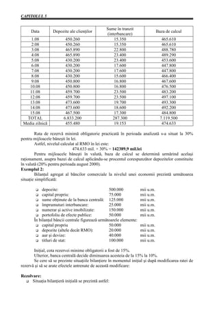 CAPITOLUL 5


                                                    Sume în tranzit
      Data         Depozite ale clienţilor                                       Baza de calcul
                                                    (interbancare)
     1.08                  450.260                      15.350                      465.610
     2.08                  450.260                      15.350                      465.610
     3.08                  465.890                      22.800                      488.780
     4.08                  465.890                      23.400                      489.290
     5.08                  430.200                      23.400                      453.600
     6.08                  430.200                      17.600                      447.800
     7.08                  430.200                      17.600                      447.800
     8.08                  430.200                      15.600                      466.400
     9.08                  450.800                      16.800                      467.600
    10.08                  450.800                      16.800                      476.500
    11.08                  459.700                      23.500                      483.200
    12.08                  459.700                      23.500                      497.100
    13.08                  473.600                      19.700                      493.300
    14.08                  473.600                      18.600                      492.200
    15.08                  467.500                      17.300                      484.800
  TOTAL                   6.833.200                    287.300                     7.119.500
 Media zilnică             455.480                      19.153                      474.633

        Rata de rezervă minimă obligatorie practicată în perioada analizată s-a situat la 30%
pentru mijloacele băneşti în lei.
        Astfel, nivelul calculat al RMO în lei este:
                               474.633 mil. × 30% = 142389,9 mil.lei
        Pentru mijloacele băneşti în valută, baza de calcul se determină urmărind acelaşi
raţionament, asupra bazei de calcul aplicându-se procentul corespunzător depozitelor constituite
în valută (20% pentru perioada august 2000).
Exemplul 2:
        Bilanţul agregat al băncilor comerciale la nivelul unei economii prezintă următoarea
situaţie simplificată:

             depozite:                             500.000            mii u.m.
             capital propriu:                      75.000             mii u.m.
             sume obţinute de la banca centrală: 125.000              mii u.m.
             împrumuturi interbancare:             25.000             mii u.m.
             numerar şi active imobilizate:        150.000            mii u.m.
             portofoliu de efecte publice:         50.000             mii u.m.
        În bilanţul băncii centrale figurează următoarele elemente:
             capital propriu                       50.000             mii u.m.
             depozite (altele decât RMO):          20.000             mii u.m.
             aur şi devize:                        40.000             mii u.m.
             titluri de stat:                      100.000            mii u.m.

       Iniţial, cota rezervei minime obligatorii a fost de 15%.
       Ulterior, banca centrală decide diminuarea acesteia de la 15% la 10%.
       Se cere să se prezinte situaţiile bilanţiere în momentul iniţial şi după modificarea ratei de
rezervă şi să se arate efectele antrenate de această modificare:

Rezolvare:
      Situaţia bilanţieră iniţială se prezintă astfel:
 