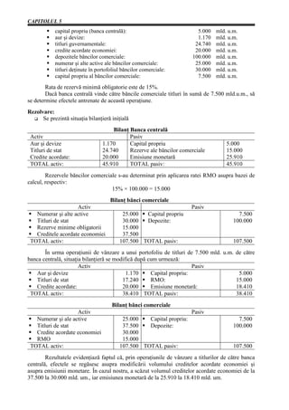 CAPITOLUL 5
            capital propriu (banca centrală):                            5.000    mld. u.m.
            aur şi devize:                                               1.170    mld. u.m.
            titluri guvernamentale:                                     24.740    mld. u.m.
            credite acordate economiei:                                 20.000    mld. u.m.
            depozitele băncilor comerciale:                            100.000    mld. u.m.
            numerar şi alte active ale băncilor comerciale:             25.000    mld. u.m.
            titluri deţinute în portofoliul băncilor comerciale:        30.000    mld. u.m.
            capital propriu al băncilor comerciale:                      7.500    mld. u.m.
        Rata de rezervă minimă obligatorie este de 15%.
        Dacă banca centrală vinde către băncile comerciale titluri în sumă de 7.500 mld.u.m., să
se determine efectele antrenate de această operaţiune.
Rezolvare:
      Se prezintă situaţia bilanţieră iniţială
                                      Bilanţ Banca centrală
 Activ                                       Pasiv
 Aur şi devize                    1.170      Capital propriu                          5.000
 Titluri de stat                  24.740     Rezerve ale băncilor comerciale          15.000
 Credite acordate:                20.000     Emisiune monetară                        25.910
 TOTAL activ:                     45.910     TOTAL pasiv:                             45.910
        Rezervele băncilor comerciale s-au determinat prin aplicarea ratei RMO asupra bazei de
calcul, respectiv:
                                   15% × 100.000 = 15.000
                                      Bilanţ bănci comerciale
                    Activ                                              Pasiv
   Numerar şi alte active                  25.000  Capital propriu                         7.500
   Titluri de stat                         30.000  Depozite:                             100.000
   Rezerve minime obligatorii              15.000
   Creditele acordate economiei            37.500
 TOTAL activ:                             107.500 TOTAL pasiv:                           107.500
       În urma operaţiunii de vânzare a unui portofoliu de titluri de 7.500 mld. u.m. de către
banca centrală, situaţia bilanţieră se modifică după cum urmează:
                       Activ                                           Pasiv
   Aur şi devize                            1.170     Capital propriu:                 5.000
   Titluri de stat                        17.240      RMO:                            15.000
   Credite acordate:                      20.000      Emisiune monetară:              18.410
 TOTAL activ:                             38.410 TOTAL pasiv:                         38.410
                                      Bilanţ bănci comerciale
                    Activ                                              Pasiv
   Numerar şi ale active                   25.000   Capital propriu:                       7.500
   Titluri de stat                         37.500   Depozite:                            100.000
   Credite acordate economiei              30.000
   RMO                                     15.000
 TOTAL activ:                             107.500 TOTAL pasiv:                           107.500
        Rezultatele evidenţiază faptul că, prin operaţiunile de vânzare a titlurilor de către banca
centrală, efectele se regăsesc asupra modificării volumului creditelor acordate economiei şi
asupra emisiunii monetare. În cazul nostru, a scăzut volumul creditelor acordate economiei de la
37.500 la 30.000 mld. um., iar emisiunea monetară de la 25.910 la 18.410 mld. um.
 