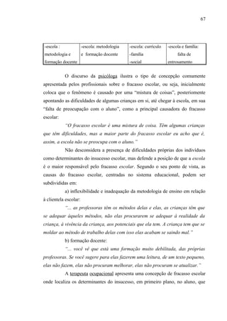 67




-escola :              -escola: metodologia   -escola: currículo   -escola e família:
metodologia e          e formação docente     -família                  falta de
formação docente                              -social              entrosamento


            O discurso da psicóloga ilustra o tipo de concepção comumente
apresentada pelos profissionais sobre o fracasso escolar, ou seja, inicialmente
coloca que o fenômeno é causado por uma “mistura de coisas”, posteriomente
apontando as dificuldades de algumas crianças em si, até chegar à escola, em sua
“falta de preocupação com o aluno”, como a principal causadora do fracasso
escolar:
            “O fracasso escolar é uma mistura de coisa. Têm algumas crianças
que têm dificuldades, mas a maior parte do fracasso escolar eu acho que é,
assim, a escola não se preocupa com o aluno.”
            Não desconsidera a presença de dificuldades próprias dos indivíduos
como determinantes do insucesso escolar, mas defende a posição de que a escola
é o maior responsável pelo fracasso escolar. Segundo o seu ponto de vista, as
causas do fracasso escolar, centradas no sistema educacional, podem ser
subdivididas em:
            a) inflexibilidade e inadequação da metodologia de ensino em relação
à clientela escolar:
            “... as professoras têm os métodos delas e elas, as crianças têm que
se adequar àqueles métodos, não elas procurarem se adequar à realidade da
criança, à vivência da criança, aos potenciais que ela tem. A criança tem que se
moldar ao método de trabalho delas com isso elas acabam se saindo mal.”
            b) formação docente:
            “... você vê que está uma formação muito debilitada, das próprias
professoras. Se você sugere para elas fazerem uma leitura, de um texto pequeno,
elas não fazem, elas não procuram melhorar, elas não procuram se atualizar.”
            A terapeuta ocupacional apresenta uma concepção de fracasso escolar
onde localiza os determinantes do insucesso, em primeiro plano, no aluno, que
 