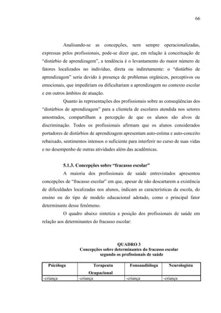 66




           Analisando-se    as    concepções,    nem sempre operacionalizadas,
expressas pelos profissionais, pode-se dizer que, em relação à conceituação de
“distúrbio de aprendizagem”, a tendência é o levantamento do maior número de
fatores localizados no indivíduo, direta ou indiretamente: o “distúrbio de
aprendizagem” seria devido à presença de problemas orgânicos, perceptivos ou
emocionais, que impediriam ou dificultariam a aprendizagem no contexto escolar
e em outros âmbitos de atuação.
           Quanto às representações dos profissionais sobre as conseqüências dos
“distúrbios de aprendizagem” para a clientela de escolares atendida nos setores
amostrados, compartilham a percepção de que os alunos são alvos de
discriminação. Todos os profissionais afirmam que os alunos considerados
portadores de distúrbios de aprendizagem apresentam auto-estima e auto-conceito
rebaixado, sentimentos intensos o suficiente para interferir no curso de suas vidas
e no desempenho de outras atividades além das acadêmicas.


           5.1.3. Concepções sobre “fracasso escolar”
           A maioria dos profissionais de saúde entrevistados apresentou
concepções de “fracasso escolar” em que, apesar de não descartarem a existência
de dificuldades localizadas nos alunos, indicam as características da escola, do
ensino ou do tipo de modelo educacional adotado, como o principal fator
determinante desse fenômeno.
           O quadro abaixo sintetiza a posição dos profissionais de saúde em
relação aos determinantes do fracasso escolar:



                                     QUADRO 3
                   Concepções sobre determinantes do fracasso escolar
                            segundo os profissionais de saúde

   Psicóloga               Terapeuta            Fonoaudióloga      Neurologista
                         Ocupacional
-criança           -criança                 -criança            -criança
 