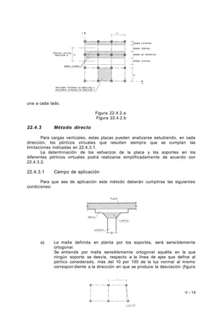 una a cada lado. 
Figura 22.4.2.a 
Figura 22.4.2.b 
22.4.3 Método directo 
Para cargas verticales, estas placas pueden analizarse estudiando, en cada 
dirección, los pórticos virtuales que resulten siempre que se cumplan las 
limitaciones indicadas en 22.4.3.1. 
La determinación de los esfuerzos de la placa y los soportes en los 
diferentes pórticos virtuales podrá realizarse simplificadamente de acuerdo con 
22.4.3.2. 
22.4.3.1 Campo de aplicación 
Para que sea de aplicación este método deberán cumplirse las siguientes 
condiciones: 
a) La malla definida en planta por los soportes, será sensi blemente 
ortogonal. 
Se entiende por malla sensiblemente ortogonal aquélla en la que 
ningún soporte se desvíe, respecto a la línea de ejes que define al 
pórtico considerado, más del 10 por 100 de la luz normal al mismo 
correspon diente a la dirección en que se produce la desviación (figura 
V - 14 
 