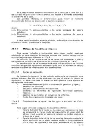 En el caso de vanos extremos encuadrados en el caso A de la tabla 22.4.3.2, 
los soportes de apoyo deben dimensionarse para resistir el momento considerado 
en el extremo de la placa. 
Los soportes interiores se dimensionarán para resistir un momento 
desequilibrado definido de acuerdo con la siguiente expresión: 
2 
2 
M = 0,07 (( g + 0,5q ) l l - g l l12 ) 
11 d p2 
d d d p1 
donde: 
l11, l12 Dimensiones l1, correspondientes a los vanos contiguos del soporte 
estudiado 
lp1, lp2 Dimensiones lp, correspondientes a los vanos contiguos del soporte 
estudiado 
A cada tramo de soporte, superior o inferior, se le asignará una fracción del 
momento a resistir, proporcional a su rigidez. 
22.4.4 Método de los pórticos virtuales 
Para cargas verticales y horizontales, estas placas pueden analizarse 
estudiando, en cada dirección, los pórticos virtuales que resulten siempre que se 
cumplan las limitaciones indicadas en 22.4.4.1. 
La definición de las características de las barras que representan la placa y 
los soportes se obtendrán de acuerdo con los criterios expuestos en 22.4.4.2. 
La determinación de los esfuerzos de la placa y de los soportes se realizará 
calculando los pórticos equivalentes resultantes para todas las hipótesis de carga y 
teniendo en cuenta las combinaciones más desfavorables. 
22.4.4.1 Campo de aplicación 
La hipótesis fundamental de este método reside en la no interacción entre 
pórticos virtuales. Por ello, en las situaciones en que tal interacción pueda ser 
significativa, no deberá utilizarse. La interacción entre pórticos puede aparecer en 
las siguientes situaciones: 
- asimetrías notables en planta o en alzado (de geometría y rigidez). 
- existencia de brochales. 
- estructuras sensiblemente traslacionales. 
- existencia de elementos de rigidización transversal (pantallas, 
núcleos). 
- acciones no gravitatorias en estructuras no uniformes. 
- fuerte descompensación de cargas o de luces. 
22.4.4.2 Características de rigidez de las vigas y soportes del pórtico 
virtual 
Para cargas verticales se seguirán los siguientes criterios: 
- Para la definición de la inercia de las vigas que representan la placa 
se considerará la inercia bruta correspondiente al ancho total del 
pórtico virtual teniendo en cuenta la variación de rigidez existente a 
lo largo de la barra. 
- Para la definición de la inercia de los soportes, teniendo en cuenta el 
efecto producido por el atado torsional conferido transversalmente 
por la placa, se considerará una rigidez equivalente Keq de acuerdo 
V - 16 
 