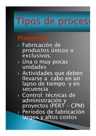 Fabricación de
productos únicos o
exclusivos.
Una o muy pocas
unidades
Actividades que deben
llevarse a cabo en un
lapso de tiempo y en
secuencia
Control: técnicas de
administración y
proyectos (PERT - CPM)
Períodos de fabricación
lasaos y altos costos

 