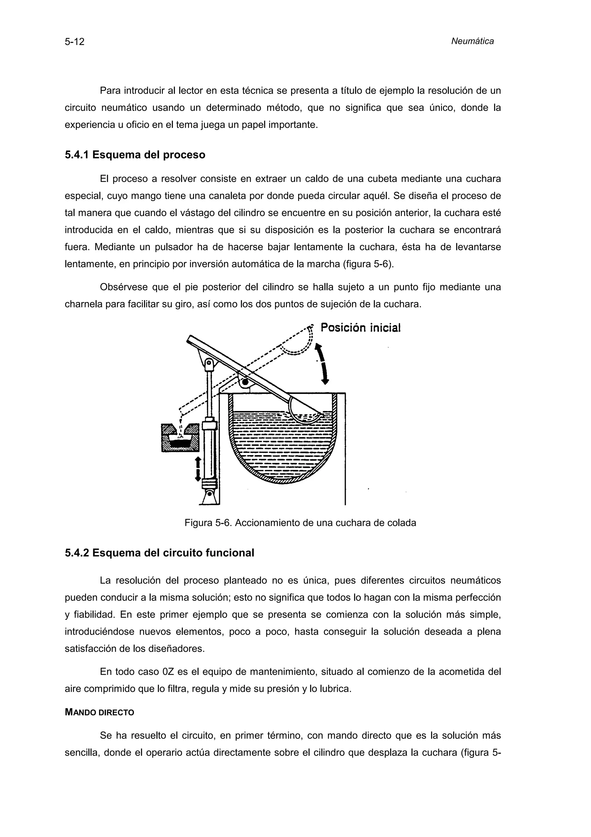 5-12                                                                                     Neumática




        Para introducir al lector en esta técnica se presenta a título de ejemplo la resolución de un
circuito neumático usando un determinado método, que no significa que sea único, donde la
experiencia u oficio en el tema juega un papel importante.


5.4.1 Esquema del proceso

        El proceso a resolver consiste en extraer un caldo de una cubeta mediante una cuchara
especial, cuyo mango tiene una canaleta por donde pueda circular aquél. Se diseña el proceso de
tal manera que cuando el vástago del cilindro se encuentre en su posición anterior, la cuchara esté
introducida en el caldo, mientras que si su disposición es la posterior la cuchara se encontrará
fuera. Mediante un pulsador ha de hacerse bajar lentamente la cuchara, ésta ha de levantarse
lentamente, en principio por inversión automática de la marcha (figura 5-6).

        Obsérvese que el pie posterior del cilindro se halla sujeto a un punto fijo mediante una
charnela para facilitar su giro, así como los dos puntos de sujeción de la cuchara.




                            Figura 5-6. Accionamiento de una cuchara de colada


5.4.2 Esquema del circuito funcional

        La resolución del proceso planteado no es única, pues diferentes circuitos neumáticos
pueden conducir a la misma solución; esto no significa que todos lo hagan con la misma perfección
y fiabilidad. En este primer ejemplo que se presenta se comienza con la solución más simple,
introduciéndose nuevos elementos, poco a poco, hasta conseguir la solución deseada a plena
satisfacción de los diseñadores.

        En todo caso 0Z es el equipo de mantenimiento, situado al comienzo de la acometida del
aire comprimido que lo filtra, regula y mide su presión y lo lubrica.

MANDO DIRECTO

        Se ha resuelto el circuito, en primer término, con mando directo que es la solución más
sencilla, donde el operario actúa directamente sobre el cilindro que desplaza la cuchara (figura 5-
 