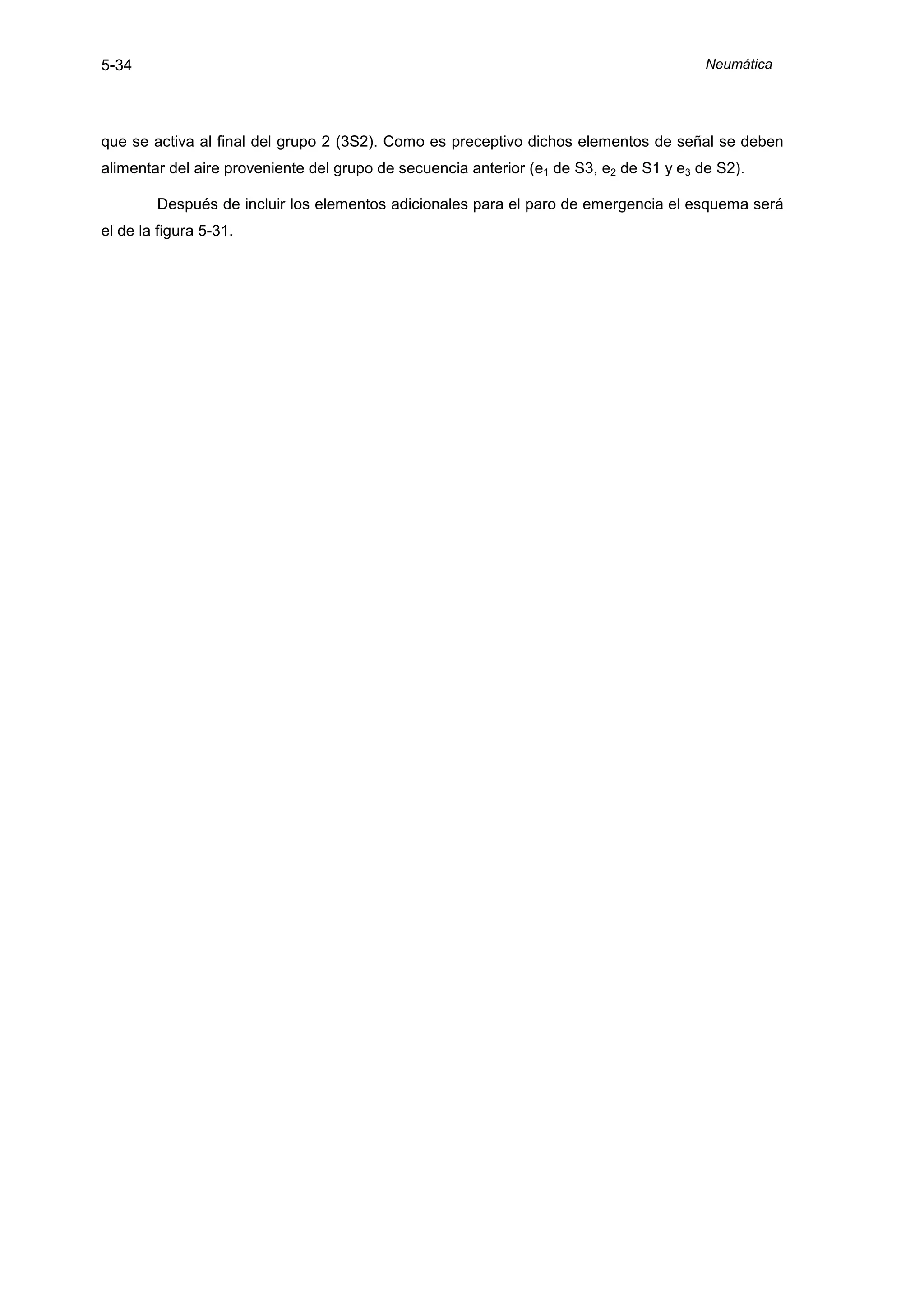 5-34                                                                                     Neumática




que se activa al final del grupo 2 (3S2). Como es preceptivo dichos elementos de señal se deben
alimentar del aire proveniente del grupo de secuencia anterior (e1 de S3, e2 de S1 y e3 de S2).

        Después de incluir los elementos adicionales para el paro de emergencia el esquema será
el de la figura 5-31.
 
