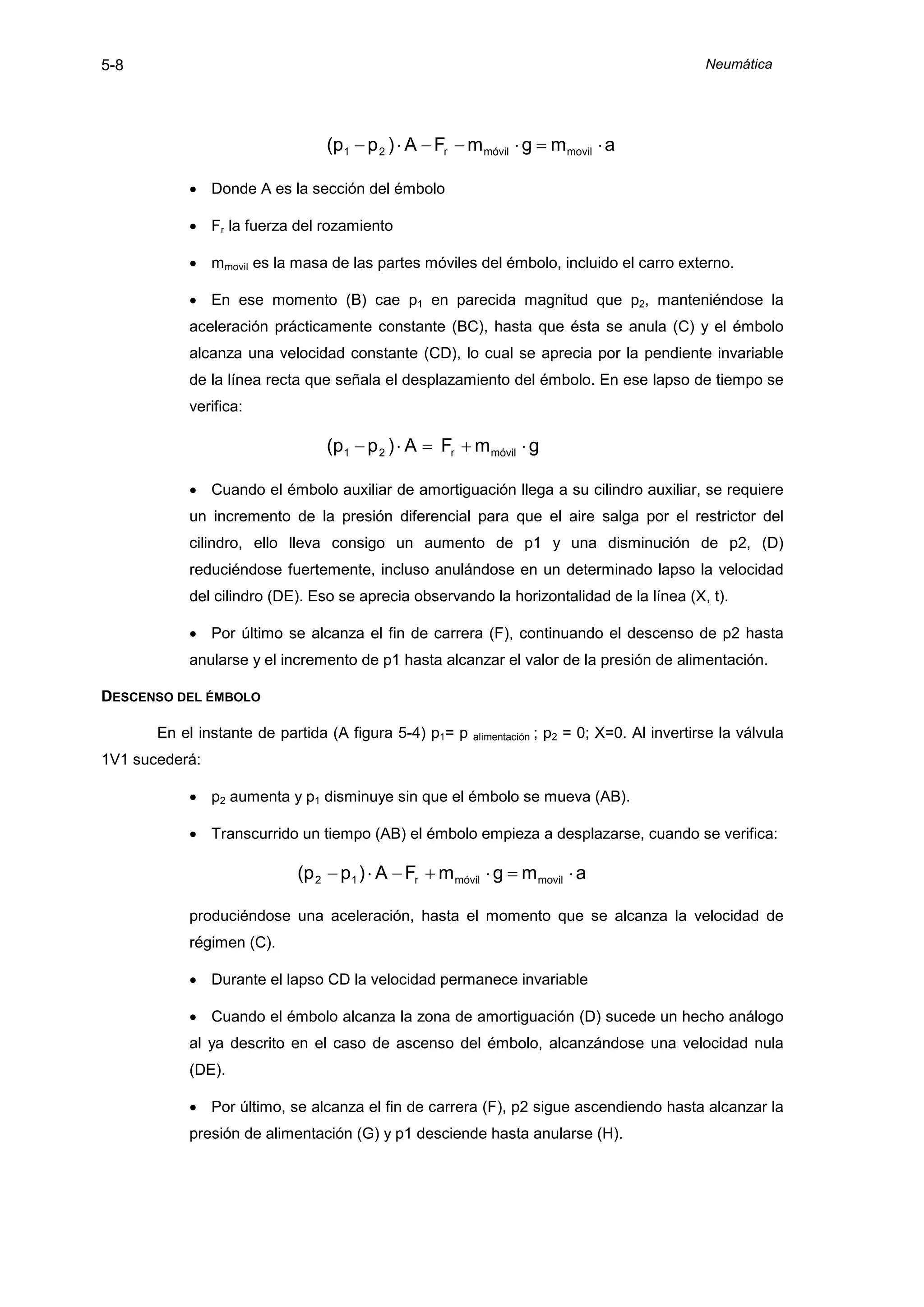 5-8                                                                                              Neumática




                                (p1 − p 2 ) ⋅ A − Fr − m móvil ⋅ g = m movil ⋅ a

           • Donde A es la sección del émbolo

           • Fr la fuerza del rozamiento

           • mmovil es la masa de las partes móviles del émbolo, incluido el carro externo.

           • En ese momento (B) cae p1 en parecida magnitud que p2, manteniéndose la
           aceleración prácticamente constante (BC), hasta que ésta se anula (C) y el émbolo
           alcanza una velocidad constante (CD), lo cual se aprecia por la pendiente invariable
           de la línea recta que señala el desplazamiento del émbolo. En ese lapso de tiempo se
           verifica:

                                (p1 − p 2 ) ⋅ A = Fr + m móvil ⋅ g

           • Cuando el émbolo auxiliar de amortiguación llega a su cilindro auxiliar, se requiere
           un incremento de la presión diferencial para que el aire salga por el restrictor del
           cilindro, ello lleva consigo un aumento de p1 y una disminución de p2, (D)
           reduciéndose fuertemente, incluso anulándose en un determinado lapso la velocidad
           del cilindro (DE). Eso se aprecia observando la horizontalidad de la línea (X, t).

           • Por último se alcanza el fin de carrera (F), continuando el descenso de p2 hasta
           anularse y el incremento de p1 hasta alcanzar el valor de la presión de alimentación.

DESCENSO DEL ÉMBOLO

       En el instante de partida (A figura 5-4) p1= p   alimentación   ; p2 = 0; X=0. Al invertirse la válvula
1V1 sucederá:

           • p2 aumenta y p1 disminuye sin que el émbolo se mueva (AB).

           • Transcurrido un tiempo (AB) el émbolo empieza a desplazarse, cuando se verifica:

                           (p 2 − p1 ) ⋅ A − Fr + m móvil ⋅ g = m movil ⋅ a

           produciéndose una aceleración, hasta el momento que se alcanza la velocidad de
           régimen (C).

           • Durante el lapso CD la velocidad permanece invariable

           • Cuando el émbolo alcanza la zona de amortiguación (D) sucede un hecho análogo
           al ya descrito en el caso de ascenso del émbolo, alcanzándose una velocidad nula
           (DE).

           • Por último, se alcanza el fin de carrera (F), p2 sigue ascendiendo hasta alcanzar la
           presión de alimentación (G) y p1 desciende hasta anularse (H).
 