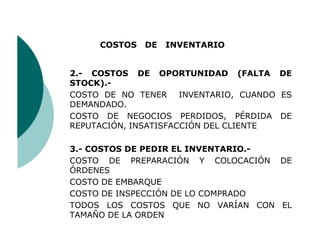COSTOS   DE   INVENTARIO


2.- COSTOS DE OPORTUNIDAD (FALTA DE
STOCK).-
COSTO DE NO TENER INVENTARIO, CUANDO ES
DEMANDADO.
COSTO DE NEGOCIOS PERDIDOS, PÉRDIDA DE
REPUTACIÓN, INSATISFACCIÓN DEL CLIENTE

3.- COSTOS DE PEDIR EL INVENTARIO.-
COSTO DE PREPARACIÓN Y COLOCACIÓN DE
ÓRDENES
COSTO DE EMBARQUE
COSTO DE INSPECCIÓN DE LO COMPRADO
TODOS LOS COSTOS QUE NO VARÍAN CON EL
TAMAÑO DE LA ORDEN
 