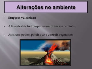  Erupções vulcânicas:
 A lava destrói tudo o que encontra em seu caminho.
 As cinzas podem poluir o ar e destruir vegetações
 