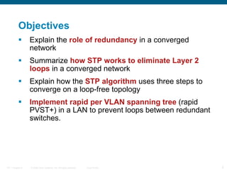 Objectives Explain the  role of redundancy  in a converged network Summarize  how STP works to eliminate Layer 2 loops  in a converged network  Explain how the  STP algorithm  uses three steps to converge on a loop-free topology Implement rapid per VLAN spanning tree  (rapid PVST+) in a LAN to prevent loops between redundant switches.  