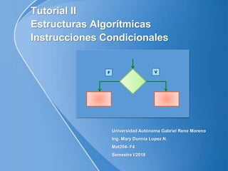 Tutorial II
Estructuras Algorítmicas
Instrucciones Condicionales
Universidad Autónoma Gabriel Rene Moreno
Ing. Mary Dunnia Lopez N.
Mat204- F4
Semestre I/2018
VF
 