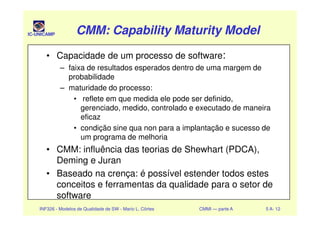 IC-UNICAMP CMM: Capability Maturity ModelCMM: Capability Maturity ModelCMM: Capability Maturity ModelCMM: Capability Maturity Model
• Capacidade de um processo de software:
– faixa de resultados esperados dentro de uma margem de
probabilidade
– maturidade do processo:
• reflete em que medida ele pode ser definido,
gerenciado, medido, controlado e executado de maneira
eficaz
INF326 - Modelos de Qualidade de SW - Mario L. Côrtes CMMI — parte A 5 A- 12
eficaz
• condição sine qua non para a implantação e sucesso de
um programa de melhoria
• CMM: influência das teorias de Shewhart (PDCA),
Deming e Juran
• Baseado na crença: é possível estender todos estes
conceitos e ferramentas da qualidade para o setor de
software
 