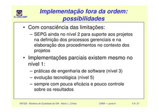 IC-UNICAMP
Implementação fora da ordem:Implementação fora da ordem:
possibilidadespossibilidades
Implementação fora da ordem:Implementação fora da ordem:
possibilidadespossibilidades
• Com consciência das limitações:
– SEPG ainda no nível 2 para suporte aos projetos
na definição dos processos gerenciais e na
elaboração dos procedimentos no contexto dos
projetos
• Implementações parciais existem mesmo no
INF326 - Modelos de Qualidade de SW - Mario L. Côrtes CMMI — parte A 5 A- 27
• Implementações parciais existem mesmo no
nível 1:
– práticas de engenharia de software (nível 3)
– evolução tecnológica (nível 5)
– sempre com pouca eficácia e pouco controle
sobre os resultados
 