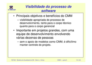 IC-UNICAMP
Visibilidade do processo deVisibilidade do processo de
softwaresoftware
Visibilidade do processo deVisibilidade do processo de
softwaresoftware
• Principais objetivos e benefícios do CMM
– visibilidade apropriada do processo de
desenvolvimento, tanto para o corpo técnico
quanto para o corpo gerencial
• Importante em projetos grandes, com uma
equipe de desenvolvimento envolvendo
INF326 - Modelos de Qualidade de SW - Mario L. Côrtes CMMI — parte A 5 A- 28
equipe de desenvolvimento envolvendo
várias dezenas de pessoas
– sem o apoio de modelos como CMM, é dificílimo
manter controle do projeto.
 