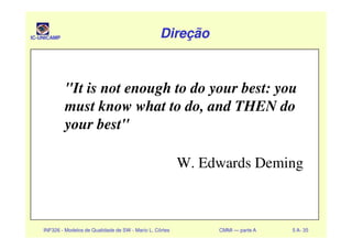 IC-UNICAMP DireçãoDireçãoDireçãoDireção
"It is not enough to do your best: you
must know what to do, and THEN do
your best"
INF326 - Modelos de Qualidade de SW - Mario L. Côrtes CMMI — parte A 5 A- 35
your best"
W. Edwards Deming
 