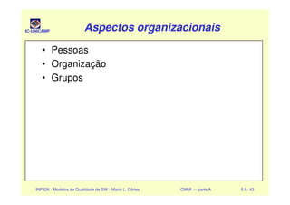 IC-UNICAMP Aspectos organizacionaisAspectos organizacionaisAspectos organizacionaisAspectos organizacionais
• Pessoas
• Organização
• Grupos
INF326 - Modelos de Qualidade de SW - Mario L. Côrtes CMMI — parte A 5 A- 43
 