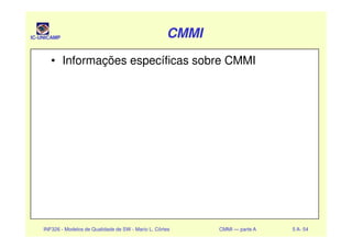 IC-UNICAMP CMMICMMICMMICMMI
• Informações específicas sobre CMMI
INF326 - Modelos de Qualidade de SW - Mario L. Côrtes CMMI — parte A 5 A- 54
 