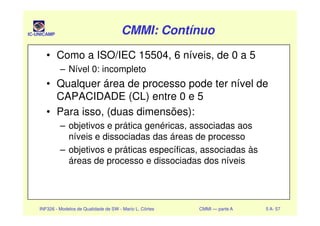 IC-UNICAMP CMMI: ContínuoCMMI: ContínuoCMMI: ContínuoCMMI: Contínuo
• Como a ISO/IEC 15504, 6 níveis, de 0 a 5
– Nível 0: incompleto
• Qualquer área de processo pode ter nível de
CAPACIDADE (CL) entre 0 e 5
• Para isso, (duas dimensões):
INF326 - Modelos de Qualidade de SW - Mario L. Côrtes CMMI — parte A 5 A- 57
• Para isso, (duas dimensões):
– objetivos e prática genéricas, associadas aos
níveis e dissociadas das áreas de processo
– objetivos e práticas específicas, associadas às
áreas de processo e dissociadas dos níveis
 