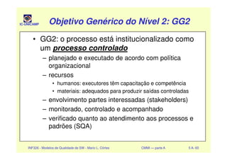 IC-UNICAMP Objetivo Genérico do Nível 2: GG2Objetivo Genérico do Nível 2: GG2Objetivo Genérico do Nível 2: GG2Objetivo Genérico do Nível 2: GG2
• GG2: o processo está institucionalizado como
um processo controlado
– planejado e executado de acordo com política
organizacional
– recursos
INF326 - Modelos de Qualidade de SW - Mario L. Côrtes CMMI — parte A 5 A- 65
• humanos: executores têm capacitação e competência
• materiais: adequados para produzir saídas controladas
– envolvimento partes interessadas (stakeholders)
– monitorado, controlado e acompanhado
– verificado quanto ao atendimento aos processos e
padrões (SQA)
 