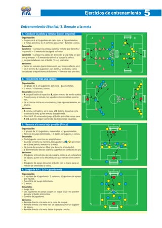 Ejercicios de entrenamiento            5
Entrenamiento técnico: 3. Remate a la meta
1. Conducir la pelota y rematar (con el empeine)
Organización:                                                            A                               B
− Grupos de 6 a 8 jugadores en cada zona + 2 guardametas.
− 2 metas grandes y 2 a 3 porterías pequeñas – Balones y conos.
Desarrollo:
Cancha A: − Conducir la pelota, slalom y remate (pie derecho/
izquierdo) − El rematador recogerá su balón.
Cancha B: − Conducir la pelota en dirección a una meta sin por-
tero y rematar. − El rematador debe ir a buscar la pelota.                                       1
− Juegos malabares con el balón (3 - 4x) y rematar.
Variantes:                                                                                           2
− Variar los remates (parte interna del pie, tiro con efecto, etc.)
− En el terreno B, 4 jugadores con balón, 2 sin balón, como
lanzadores o repartidores de balones. − Rematar tras uno-dos.


2. Tiro directo tras una carrera
Organización:                                                            A                               B
− Un grupo de 6 a 8 jugadores por zona + guardametas.
− 2 metas. − Balones y conos.                                                    A                       A
Desarrollo (Cancha A):
− A juega el balón al espacio a B, quien remata de media vuelta.             1
− Tras el pase y el remate, los jugadores intercambian posicio-         2
  nes.
− La acción se inicia en un extremo y, tras algunos remates, en
  el otro.
Variantes:                                                                       B                       B
− A conduce el balón y se lo pasa a B; éste lo devuelve en la
  trayectoria de A, quien remata directamente.
− Cancha B: El entrenador juega el balón entre los conos para
  A ó B, quienes llegan corriendo de direcciones opuestas.

3. Remate a la meta bajo presión (física)
Organización:
− 2 grupos de 3-5 jugadores, numerados + 2 guardametas.                                  2
− Terreno de juego delimitado. − 1 balón por jugador, y conos.
                                                                                     1       3
Desarrollo:
− Cada jugador corre con su propio balón.
− Cuando se llama su número, los jugadores ( / ) penetran
  en el área penal y rematan a la meta.
− La forma de rematar es libre (pie derecho o izquierdo).
     El entrenador decide sobre la superﬁcie de contacto del pie.
Variantes:
− El jugador entra al área penal, pasa la pelota a un compañero
  de apoyo, quien se la devuelve para que remate directamen-
  te.
− El jugador de apoyo devuelve el balón con la mano para un
  remate de semivolea o volea.
4. Juego de 4:4 / 3:3 + guardameta
Organización:
− 2 equipos de 4 jugadores + 2 porteros; 4 jugadores de apoyo
  por equipo.
− Superﬁcie de juego delimitada.
− 2 metas.
Desarrollo:
− Juego libre
− Los jugadores de apoyo juegan a 1 toque (ó 2) y no pueden
  pasarse el balón entre ellos.
− Cambio de jugadores.
Variantes:
− Remate directo a la meta en la zona de ataque.
− Remate directo a la meta tras un pase/saque de un jugador
  de apoyo.
− Remate directo a la meta desde la propia cancha.
 
