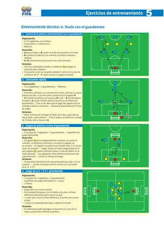Ejercicios de entrenamiento      5
Entrenamiento técnico: 6. Duelo con el guardameta
1. Control de la pelota y enfrentamiento con el guardameta
                                                                          A                       A
Organización:
− 6 a 9 jugadores, con portero.
− 6 atacantes y 3 defensores.
− Balones.
Desarrollo:
− A pasa el balón a B, quien se halla de espaldas a la meta.                  B   B           B
− B controla el esférico y se enfrenta al portero (remate o
  dribleo).
− A y B intercambian posiciones tras cada tentativa.
Variantes:
− Una vez controlado el balón, el defensor persigue al
  atacante para cargarlo.
− El atacante corre con la pelota desde el centro de la cancha
  y dispone de 6” - 8” para concluir la jugada (remate).

2. Conclusión rápida
Organización:
− 4 a 6 jugadores + 2 guardametas. − Balones.
Desarrollo:                                                                       A
− El portero, ubicado a un costado de la meta, efectúa un saque
                                                                                          1
(saque por alto, a ras del suelo o pase) hacia el jugador A.
− A controla la pelota y se la pasa a B o a C. − B o C devuelven
el balón a A, quien remata sobre la marcha o se enfrenta al               B           2           C
guardameta. − Tras el tiro, A ocupa el lugar del jugador que le
entregó el balón y viceversa. − Aumentar gradualmente el ritmo
de juego.                                                                         3
Variantes:
− Variar la forma de entregar el balón (uno-dos, pase lateral,
hacia atrás, centro aéreo). − Tras el saque, el portero al costado
de la meta sale a marcar a A.

3. Juegos de práctica contra el guardameta
Organización:
− 2 equipos de 2 jugadores + 2 guardametas. − Superﬁcie de
juego delimitada.
Desarrollo:
− El jugador lanza diagonalmente la pelota a A, quien la                      B       A
controla, se enfrenta al portero y concluye la jugada con
un remate. − El jugador A puede tocar el balón sólo 1 ó 2 veces
antes de rematar. − Luego, B pasa el balón diagonalmente al
otro jugador , quien controla el pase y trata de deﬁnir en la                     1
meta opuesta. − Los jugadores intercambian posiciones tras
cada tentativa. − Limitar el tiempo de juego.
Variantes:
− El atacante intentará eludir al guardameta que sale a su en-
cuentro. − Limitar el tiempo entre el control y la conclusión
(p.ej. 4” a 5”).
4. Juego de 4:4 / 5:5 + guardameta
Organización:
− 2 equipos de 5 jugadores + 2 guardametas
− Superﬁcie de juego delimitada en 3 zonas.
− 2 metas.
Desarrollo:
− Juego libre en la zona central.
− Se intentará franquear, con el balón a los pies, la línea
  defensiva adversaria para marcar un gol.
− 1 punto por cruzar la línea defensiva; 2 puntos por anotar
  un gol.
− 1 punto si el guardameta ataja o desvía el remate.
Variantes:
− Un defensor puede perseguir al atacante a la zona de la
  meta cuando éste enfrenta al portero.
 