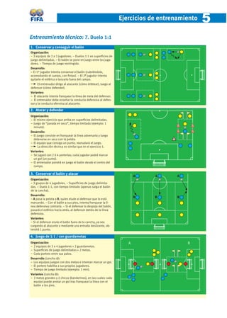 Ejercicios de entrenamiento   5
Entrenamiento técnico: 7. Duelo 1:1
1. Conservar y conseguir el balón
Organización:                                                        A                    B
− 3 equipos de 2 a 3 jugadores. − Duelos 1:1 en superﬁcies de
juego delimitadas. − El balón se pone en juego entre los juga-
dores. − Tiempo de juego restringido.
Desarrollo:
− El 1er jugador intenta conservar el balón (cubriéndolo,
acomodando el cuerpo, con ﬁntas). − El 2º jugador intenta
quitarle el esférico o lanzarlo fuera del campo.
     El entrenador dirige al atacante (cómo driblear), luego al
defensor (cómo defender).
Variantes:
− El atacante intenta franquear la línea de meta del defensor.
− El entrenador debe enseñar la conducta defensiva al defen-
sor y la conducta ofensiva al atacante.

2. Atacar y defender
Organización:
− El mismo ejercicio que arriba en superﬁcies delimitadas.
− Juego de “parada en seco”, tiempo limitado (ejemplo: 1
  minuto).
Desarrollo:
− El juego consiste en franquear la línea adversaria y luego
  detenerse en seco con la pelota.
− El equipo que consiga un punto, reanudará el juego.
      La dirección técnica es similar que en el ejercicio 1.
Variantes:
− Se jugará con 2 ó 4 porterías; cada jugador podrá marcar
  un gol (un punto).
− El entrenador pondrá en juego el balón desde el centro del
  campo.

3. Conservar el balón y atacar
                                                                         A    A       A
Organización:
− 3 grupos de 4 jugadores. − Superﬁcies de juego delimita-
das. − Duelo 1:1, con tiempo limitado (apenas salga el balón
de la cancha).
Desarrollo:
                                                                         B    B       B
− A pasa la pelota a B, quien elude al defensor que lo está
marcando. − Con el balón a sus pies, intenta franquear la lí-
nea defensiva contraria. − Si el defensor lo despoja del balón,
pasará el esférico hacia atrás, al defensor detrás de la línea
defensiva.
Variantes:
− Si el defensor envía el balón fuera de la cancha, ya sea
cargando al atacante o mediante una entrada deslizante, ob-
tendrá 1 punto.

4. Juego de 1:1 / con guardametas
Organización:                                                        A                    B
− 2 equipos de 3 a 4 jugadores + 2 guardametas.
− Superﬁcies de juego delimitadas + 2 metas.
− Cada portero entre sus palos.
Desarrollo (cancha A):
− Los equipos juegan con dos metas e intentan marcar un gol.
− El portero habilita a sus propios jugadores.
− Tiempo de juego limitado (ejemplo: 1 min).
Variantes (cancha B):
− 2 metas grandes y 2 chicas (banderines), en las cuales cada
  equipo puede anotar un gol tras franquear la línea con el
  balón a los pies.
 