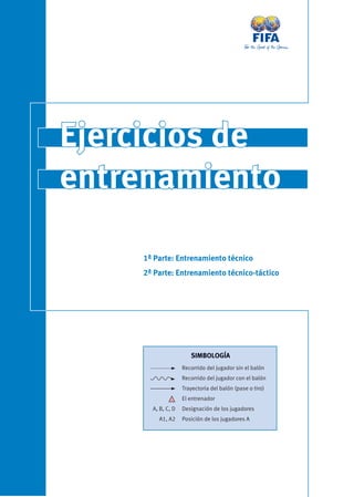 Ejercicios de
entrenamiento

    1ª Parte: Entrenamiento técnico
    2ª Parte: Entrenamiento técnico-táctico




                      SIMBOLOGÍA
                   Recorrido del jugador sin el balón
                   Recorrido del jugador con el balón
                   Trayectoria del balón (pase o tiro)
                   El entrenador
      A, B, C, D   Designación de los jugadores
        A1, A2     Posición de los jugadores A
 