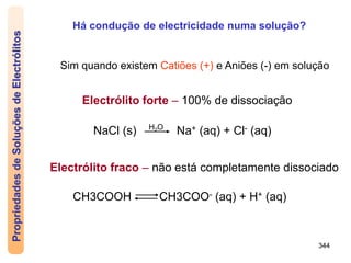 344
Há condução de electricidade numa solução?
Sim quando existem Catiões (+) e Aniões (-) em solução
Electrólito forte – 100% de dissociação
NaCl (s) Na+ (aq) + Cl- (aq)
H2O
Electrólito fraco – não está completamente dissociado
CH3COOH CH3COO- (aq) + H+ (aq)
Propriedades
de
Soluções
de
Electrólitos
 
