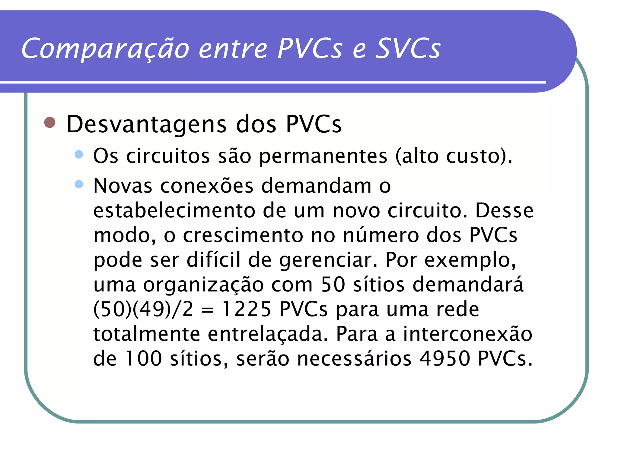 Desvantagens dos PVCs Os circuitos são permanentes (alto custo). Novas conexões demandam o estabelecimento de um novo circuito. Desse modo, o crescimento no número dos PVCs pode ser difícil de gerenciar. Por exemplo, uma organização com 50 sítios demandará (50)(49)/2 = 1225 PVCs para uma rede totalmente entrelaçada. Para a interconexão de 100 sítios, serão necessários 4950 PVCs. Comparação entre PVCs e SVCs 