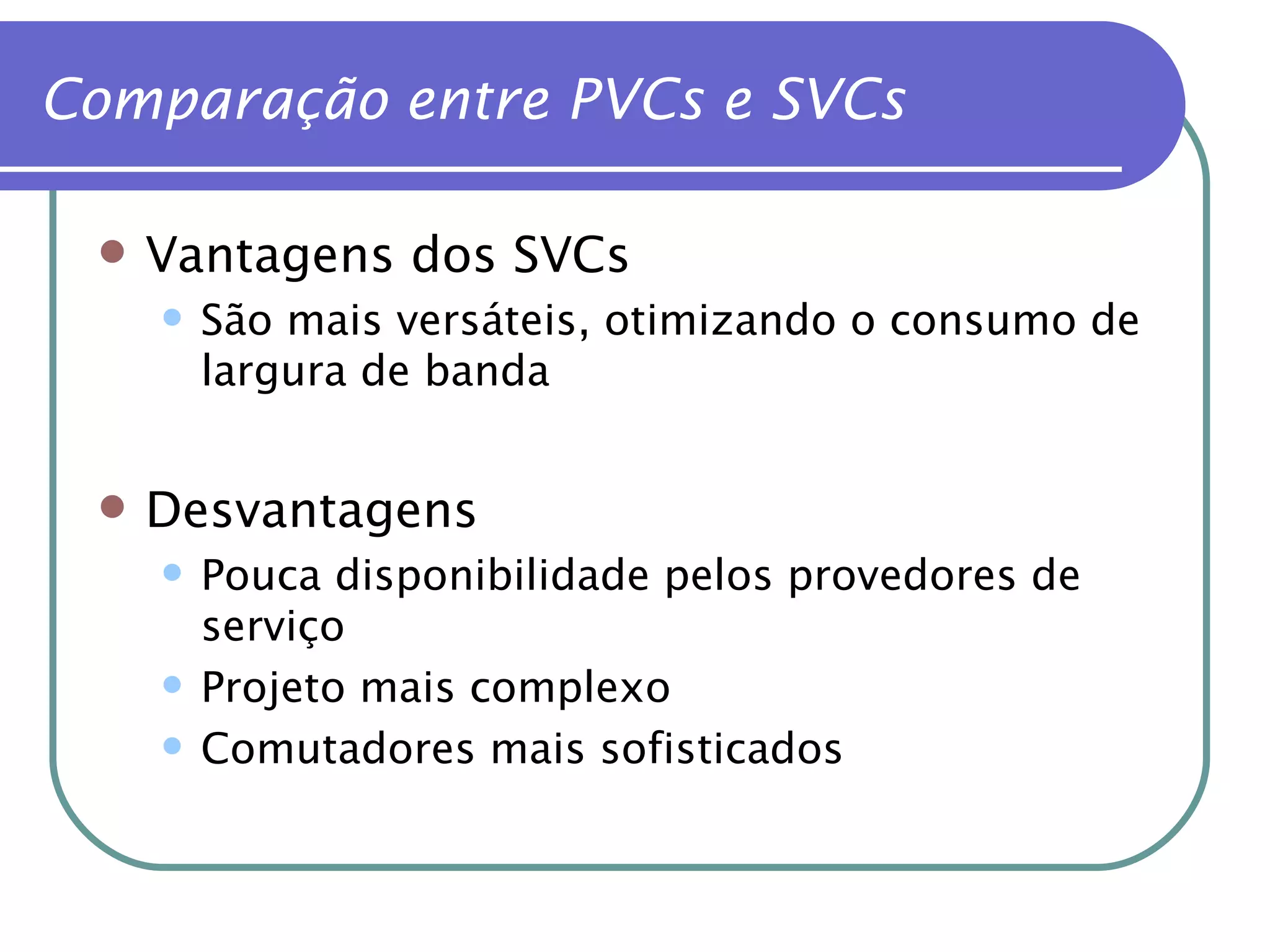 Vantagens dos SVCs São mais versáteis, otimizando o consumo de largura de banda Desvantagens Pouca disponibilidade pelos provedores de serviço Projeto mais complexo Comutadores mais sofisticados Comparação entre PVCs e SVCs 