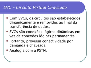 Com SVCs, os circuitos são estabelecidos dinamicamente e removidos ao final da transferência de dados. SVCs são conexões lógicas dinâmicas em vez de conexões lógicas permanentes. Portanto, provêem conectividade por demanda e chaveada. Analogia com a PSTN. SVC – Circuito Virtual Chaveado 