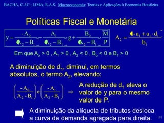 BACHA, C.J.C.; LIMA, R.A.S. Macroeconomia: Teorias e Aplicações à Economia Brasileira



            Políticas Fiscal e Monetária
        - A0             A1                 B0        M              1 - a1 a1 d1
 y                                 g                         A2
       A 2 B1         A 2 B1             A 2 B1       P                    b1
      Em que Ao > 0 , A1 > 0 , A2 < 0 , Bo < 0 e B1 > 0

     A diminuição de d1, diminui, em termos
     absolutos, o termo A2, elevando:

        - A0       - A1
                                         A redução de d1 eleva o
                e                        valor de y para o mesmo
       A 2 - B1   A 2 - B1
                                         valor de P.
              A diminuição da alíquota de tributos desloca
              a curva de demanda agregada para direita.                             101
 