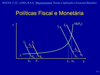 BACHA, C.J.C.; LIMA, R.A.S. Macroeconomia: Teorias e Aplicações à Economia Brasileira



             Políticas Fiscal e Monetária
         r                                             I3       M(P0)
                                                 I2



                   I0            I1
                             g
                                                                     g

               L                 S0        S1                       S2 S3
                        y0            y1                    y2 y3           y


                                                                                    103
 
