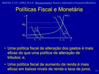 BACHA, C.J.C.; LIMA, R.A.S. Macroeconomia: Teorias e Aplicações à Economia Brasileira


            Políticas Fiscal e Monetária
                   r                                      I3       M(P0)
                                                     I2


                   r2
                            I0        I1
                                  g
                                                                     g
                   r1   L             S0        S1                   S2 S3
                                 y0        y1                  y2 y3      y



 • Uma política fiscal de alteração dos gastos é mais
   eficaz do que uma política de alteração de
   tributos; e,
 • Uma política fiscal de aumento da renda é mais
   eficaz em baixos níveis de renda e taxa de juros.                                106
 