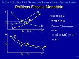 BACHA, C.J.C.; LIMA, R.A.S. Macroeconomia: Teorias e Aplicações à Economia Brasileira

                  Políticas Fiscal e Monetária
   r      I0                           M
                                           M1
                                                          • No ponto B:
                      A            B                       (s+t) > (i+g)
   r0                         C
   r1
         L                                  S              yofertado > ydemandado
             L1                             0
                         y0   y2 y1             y             y
   P                                                           k      DB       PI
         D0 D1
                                                              r
   P0                         C
                     A
                                                     D1
                                                D0

                      y0      y2             y
                                                                                    109
 
