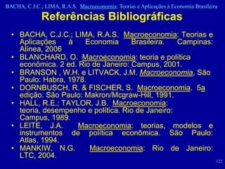 BACHA, C.J.C.; LIMA, R.A.S. Macroeconomia: Teorias e Aplicações à Economia Brasileira

              Referências Bibliográficas
  • BACHA, C.J.C.; LIMA, R.A.S. Macroeconomia: Teorias e
    Aplicações    à    Economia      Brasileira.   Campinas:
    Alínea, 2006
  • BLANCHARD, O. Macroeconomia: teoria e política
    econômica. 2 ed. Rio de Janeiro: Campus, 2001.
  • BRANSON , W.H. e LITVACK, J.M. Macroeconomia, São
    Paulo: Habra, 1978.
  • DORNBUSCH, R. & FISCHER, S. Macroeconomia. 5a
    edição. São Paulo: Makron/Mcgraw-Hill, 1991.
  • HALL, R.E.; TAYLOR, J.B. Macroeconomia:
    teoria, desempenho e política. Rio de Janeiro:
    Campus, 1989.
  • LEITE, J.A.      Macroeconomia: teorias, modelos e
    instrumentos de política econômica. São Paulo:
    Atlas, 1994.
  • MANKIW, N.G.        Macroeconomia: Rio de Janeiro:
    LTC, 2004.
                                                                                    122
 