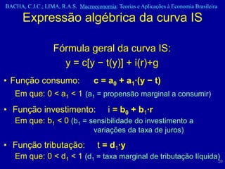 BACHA, C.J.C.; LIMA, R.A.S. Macroeconomia: Teorias e Aplicações à Economia Brasileira

      Expressão algébrica da curva IS

                   Fórmula geral da curva IS:
                     y = c[y − t(y)] + i(r)+g
• Função consumo:                  c = a0 + a1·(y − t)
   Em que: 0 < a1 < 1 (a1 = propensão marginal a consumir)
• Função investimento:                   i = b0 + b1·r
   Em que: b1 < 0 (b1 = sensibilidade do investimento a
                                   variações da taxa de juros)

• Função tributação:                t = d1·y
   Em que: 0 < d1 < 1 (d1 = taxa marginal de tributação líquida)
                                                               20
 