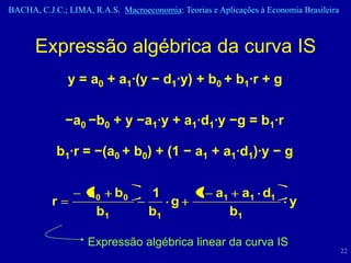 BACHA, C.J.C.; LIMA, R.A.S. Macroeconomia: Teorias e Aplicações à Economia Brasileira



      Expressão algébrica da curva IS
               y = a0 + a1·(y − d1·y) + b0 + b1·r + g


               −a0 −b0 + y −a1·y + a1·d1·y −g = b1·r

            b1·r = −(a0 + b0) + (1 − a1 + a1·d1)·y − g


                    a 0 b0          1           1 a1        a1 d1
           r                           g                                y
                      b1            b1                  b1

                    Expressão algébrica linear da curva IS
                                                                                        22
 