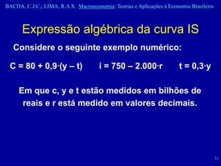 BACHA, C.J.C.; LIMA, R.A.S. Macroeconomia: Teorias e Aplicações à Economia Brasileira



      Expressão algébrica da curva IS
   Considere o seguinte exemplo numérico:

 C = 80 + 0,9·(y – t)                 i = 750 – 2.000·r                t = 0,3·y

     Em que c, y e t estão medidos em bilhões de
      reais e r está medido em valores decimais.




                                                                                        31
 