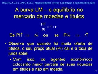 BACHA, C.J.C.; LIMA, R.A.S. Macroeconomia: Teorias e Aplicações à Economia Brasileira


          A curva LM – o equilíbrio no
          mercado de moedas e títulos
                                   PF
                                           1 r
                                   PI
      Se PI                  r       ou        se       PI                 r
  • Observe que quando há muita oferta de
    títulos, o seu preço atual (PI) cai e a taxa de
    juros sobe.
     • Com isso, os agentes econômicos
       colocarão maior parcela de suas riquezas
       em títulos e não em moeda.                                                       41
 