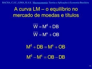 BACHA, C.J.C.; LIMA, R.A.S. Macroeconomia: Teorias e Aplicações à Economia Brasileira


          A curva LM – o equilíbrio no
          mercado de moedas e títulos
                                           d
                               W         M       DB
                                           s
                               W         M       OB

                           d                    s
                       M         DB M                  OB
                           d         s
                       M         M           OB DB
                                                                                        46
 