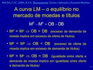 BACHA, C.J.C.; LIMA, R.A.S. Macroeconomia: Teorias e Aplicações à Economia Brasileira


          A curva LM – o equilíbrio no
          mercado de moedas e títulos
                             d        s
                          M        M        OB DB
    • Md > Ms              OB > DB (excesso de demanda de
      moeda implica em excesso de oferta de títulos)

    • Md < Ms                 OB < DB             (excesso de oferta de
      moeda implica em excesso de demanda de títulos)

    • Md = Ms               OB = DB (igualdade entre oferta e
      demanda de moeda implica em igualdade entre oferta
      e demanda de títulos)                                                             47
 