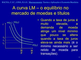 BACHA, C.J.C.; LIMA, R.A.S. Macroeconomia: Teorias e Aplicações à Economia Brasileira


          A curva LM – o equilíbrio no
          mercado de moedas e títulos
                                      • Quando a taxa de juros é
     m(y1) m(y0)
r                                       muito     elevada,     a
                                        demanda      de   moeda
                                        atinge um nível mínimo
                                        que pouco se altera
r0
r1
                                        quando a taxa de juros
r2                                      eleva-se ainda mais (é o
                                 m(y2)
                                        mínimo necessário a ser
                    M           M       retido de moeda para
                    P           P       transações).
                                                                                        52
 