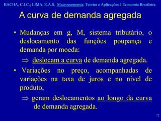 BACHA, C.J.C.; LIMA, R.A.S. Macroeconomia: Teorias e Aplicações à Economia Brasileira


        A curva de demanda agregada
     • Mudanças em g, M, sistema tributário, o
       deslocamento das funções poupança e
       demanda por moeda:
           deslocam a curva de demanda agregada.
     • Variações no preço, acompanhadas de
       variações na taxa de juros e no nível de
       produto,
           geram deslocamentos ao longo da curva
            de demanda agregada.
                                                                                        72
 