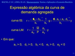 BACHA, C.J.C.; LIMA, R.A.S. Macroeconomia: Teorias e Aplicações à Economia Brasileira


         Expressão algébrica da curva de
               demanda agregada
                                     a0 b0         1         1 a1 a1 d1
           curva IS:         r                        g                 y
                                      b1           b1            b1

                                     1 M        e1
           curva LM:             r                 y
                                     e2 P       e2

• Em que:
              a1 > 0, d1 > 0, b1 < 0, e1 > 0, e2 < 0

                                                                                        73
 