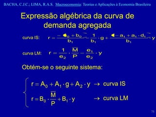 BACHA, C.J.C.; LIMA, R.A.S. Macroeconomia: Teorias e Aplicações à Economia Brasileira


         Expressão algébrica da curva de
               demanda agregada
                                    a0  b0        1           1    a1    a1 d1
          curva IS:        r                           g                                y
                                     b1           b1                    b1

                                   1    M      e1
          curva LM:        r                           y
                                   e2   P      e2

          Obtém-se o seguinte sistema:

               r      A0       A1 g A 2 y                  curva IS
                               M
               r    B0             B1 y                    curva LM
                               P
                                                                                        75
 